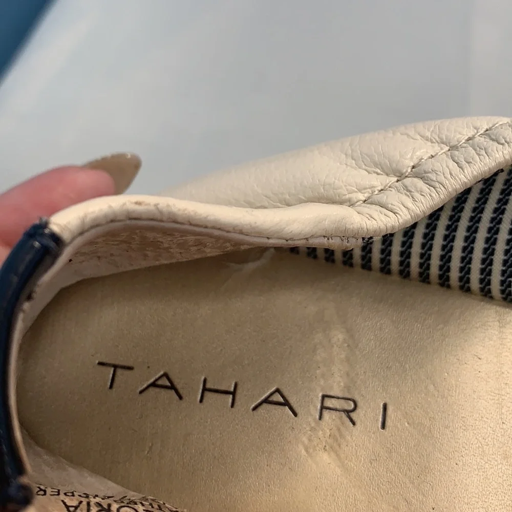 Tahari Gloria cream and navy cap toe flats - Picture 6 of 8
